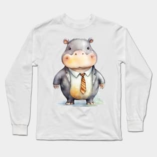 Hippopotamus Wearing a Tie Long Sleeve T-Shirt